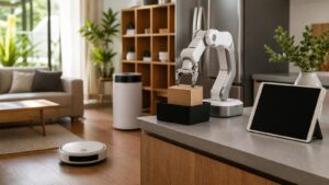 A modern home workspace with robotic vacuum, tabletop robotic arm, blank tablet, and unmarked smart appliances.