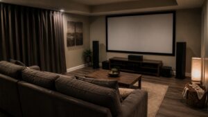 A cozy home theater room with blank screen, sofa, modest speakers, curtains, and warm ambient lighting.