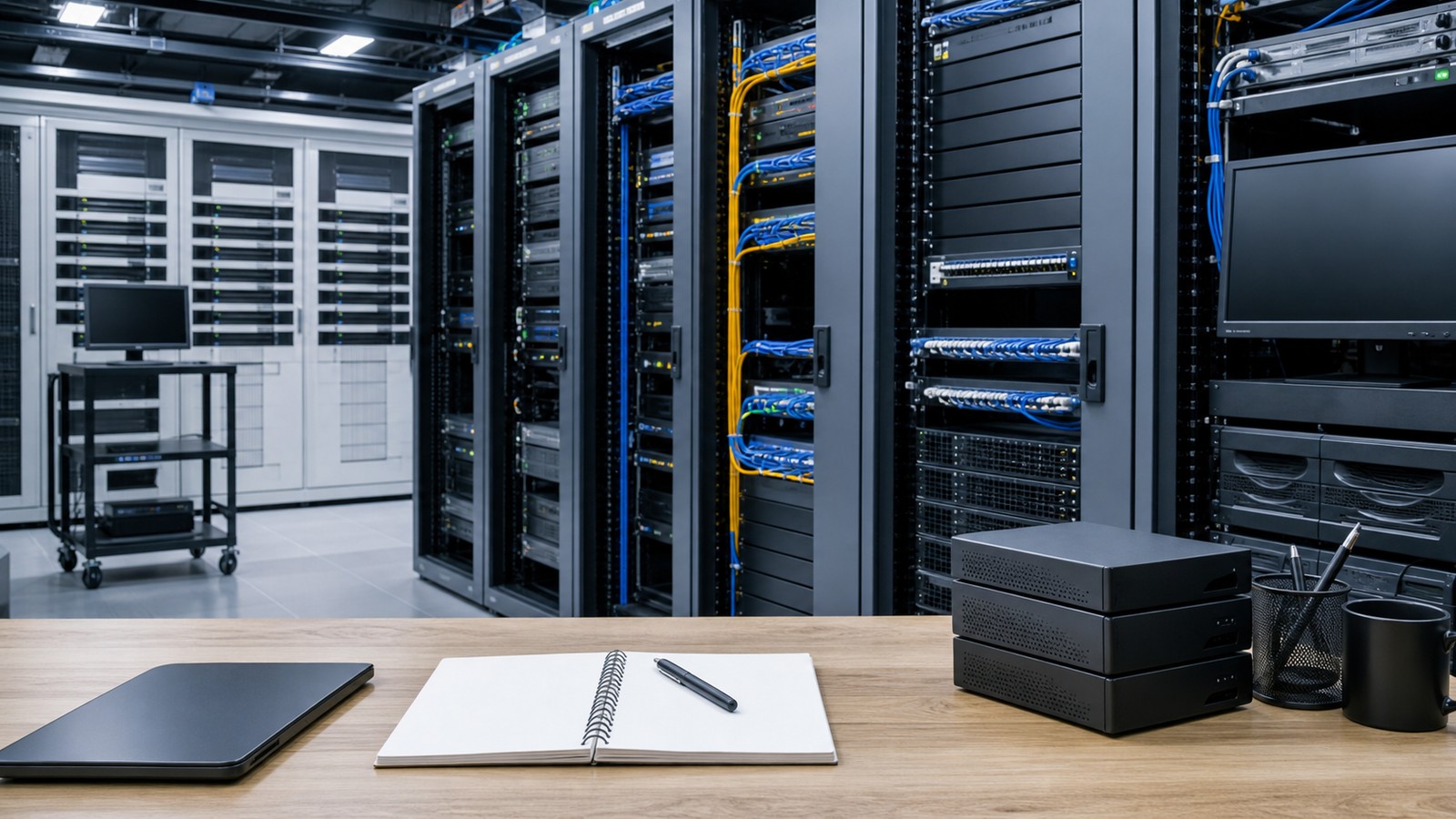 A modern enterprise server room with clean racks, blank monitoring screens, routed cables, and unmarked network appliances.