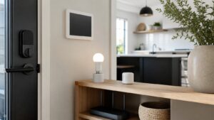 A tidy home entryway with smart lock, blank wall panel, smart bulb, sensor, and router.