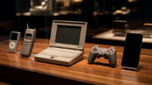 A museum-style technology table with unbranded devices from different eras and blank screens.