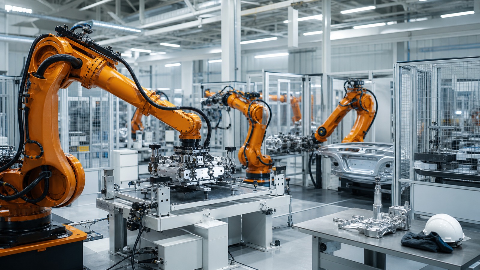 Unbranded orange industrial robot arms working in a clean modern factory cell with metal parts and safety fencing.