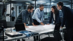 Enterprise infrastructure team planning around blank documents in a modern operations room with server racks behind glass.
