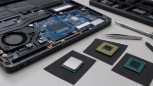 Open unbranded laptop motherboard with three blank processor packages on antistatic mats beside precision tools.