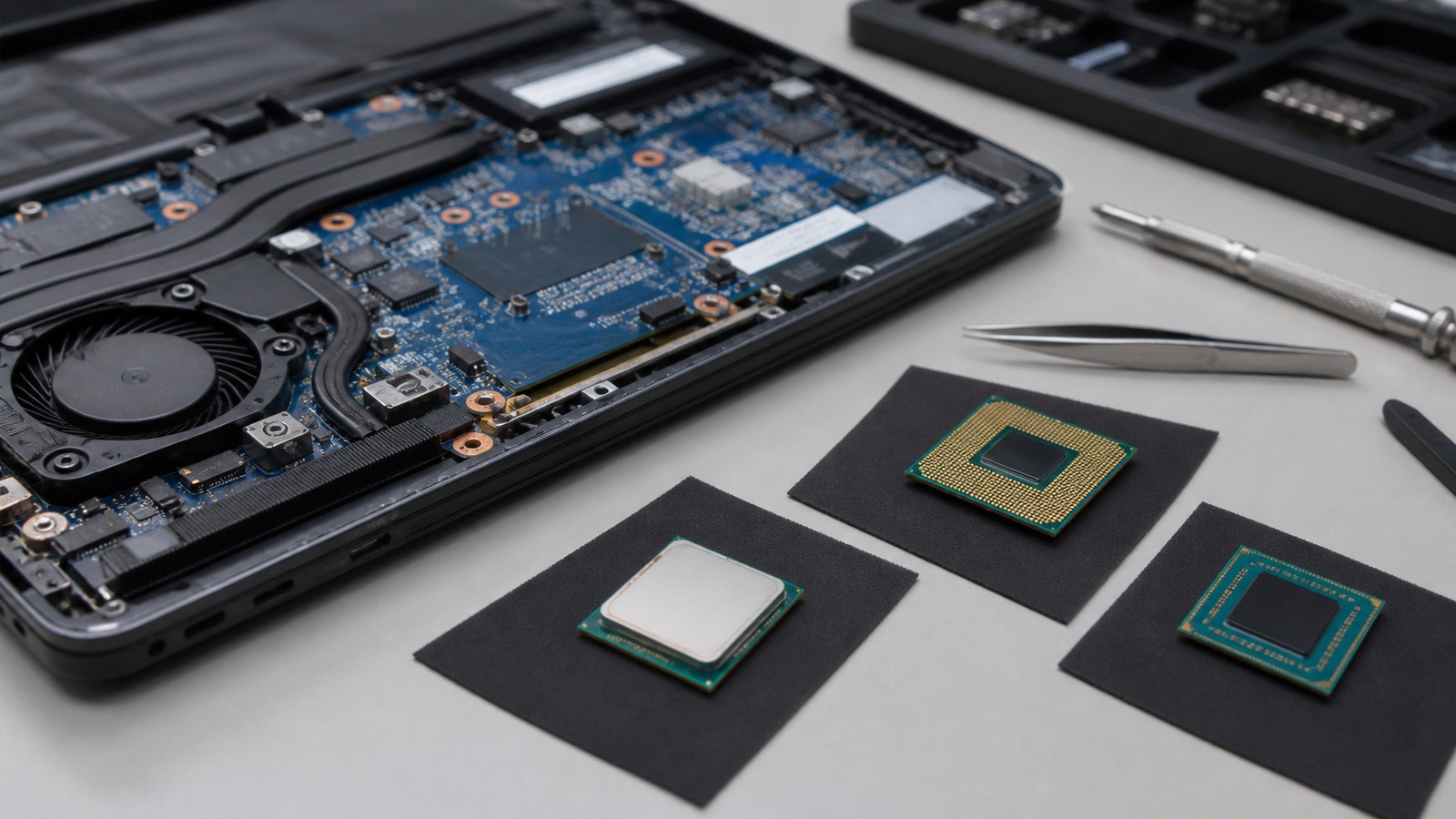 Open unbranded laptop motherboard with three blank processor packages on antistatic mats beside precision tools.