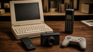 Unbranded historic technology devices arranged on a warm wooden archive table with blank screens and no labels.