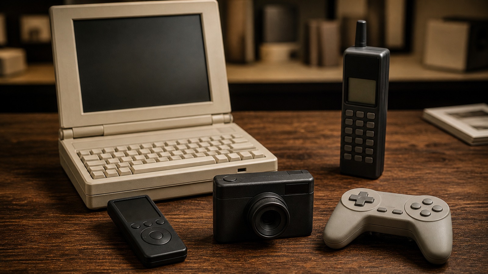 Unbranded historic technology devices arranged on a warm wooden archive table with blank screens and no labels.