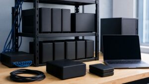 Unmarked servers, storage blocks, cables, and a blank laptop arranged on a technical workbench.