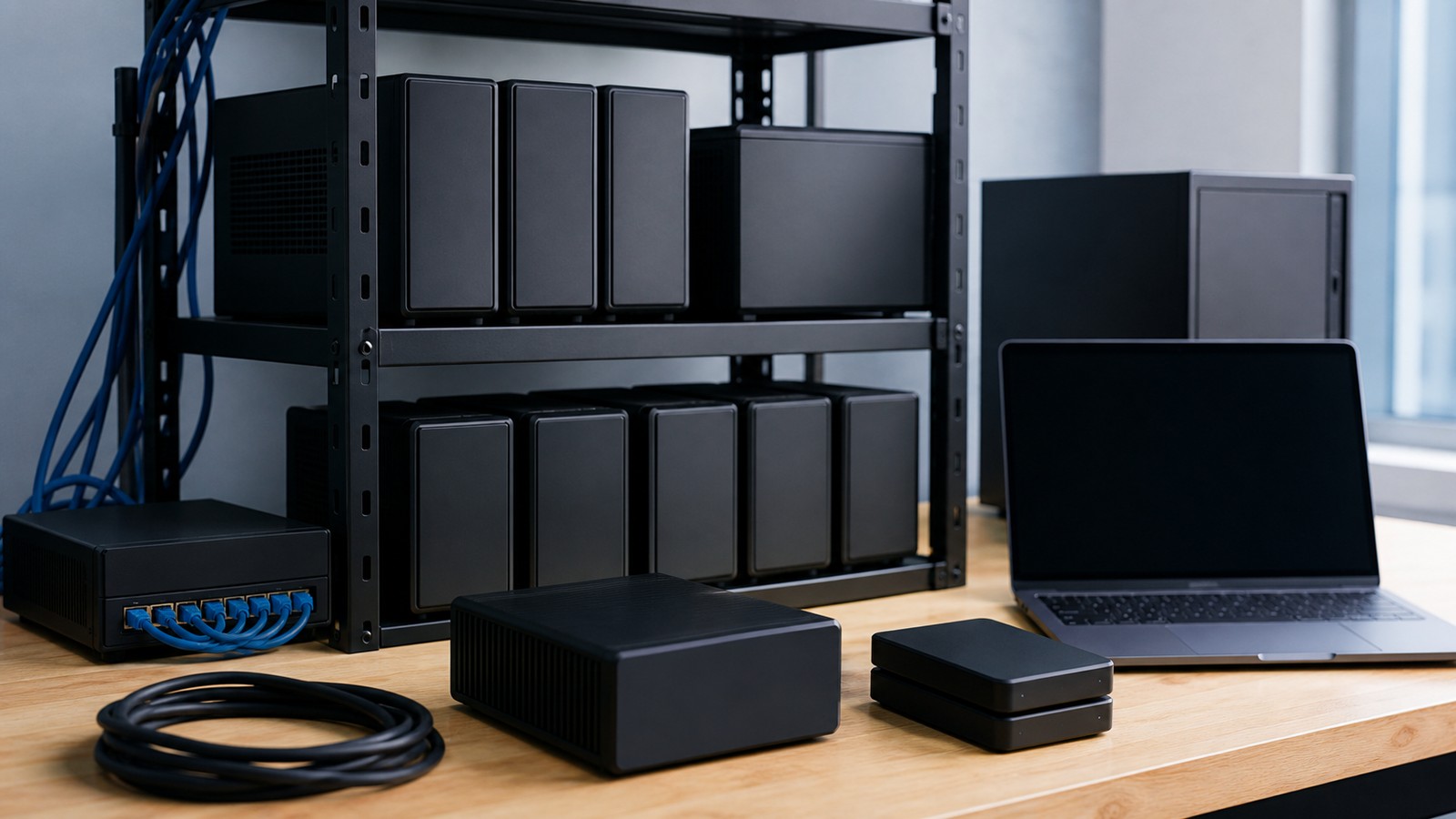 Unmarked servers, storage blocks, cables, and a blank laptop arranged on a technical workbench.