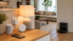 Warm living room with smart plug, lamp, smart speaker, blank phone, and robot vacuum dock.