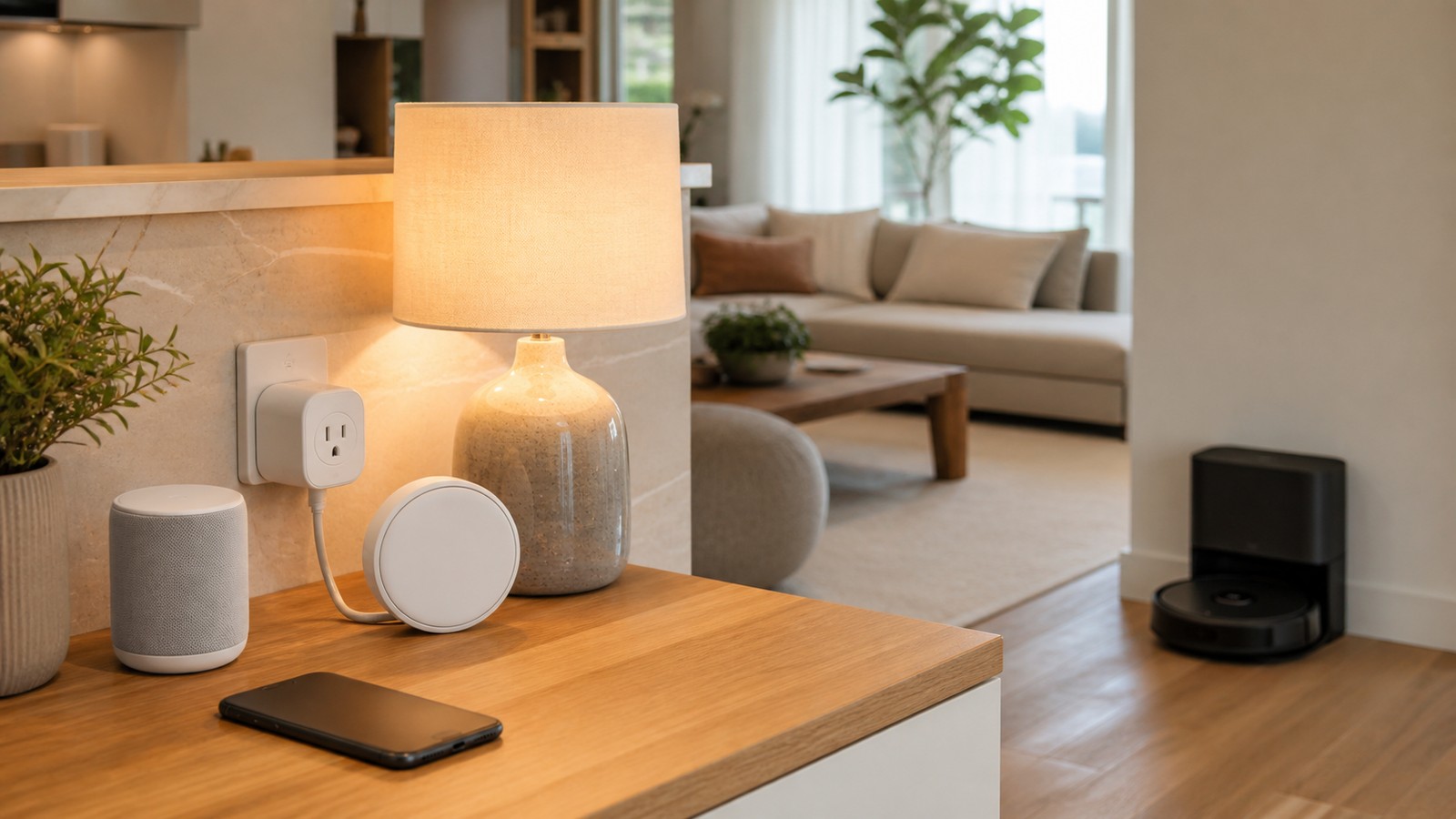 Warm living room with smart plug, lamp, smart speaker, blank phone, and robot vacuum dock.
