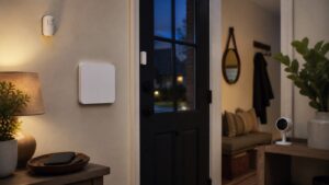 Evening entryway with blank smart security panel, door sensor, motion sensor, indoor camera, and phone face down.