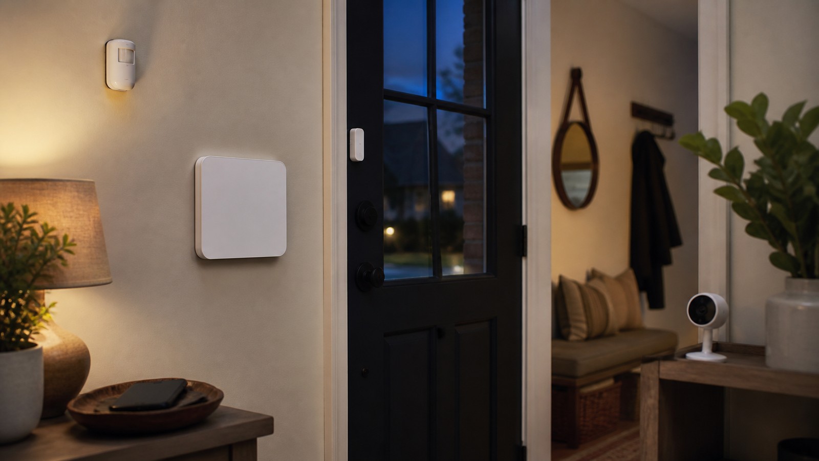 Evening entryway with blank smart security panel, door sensor, motion sensor, indoor camera, and phone face down.
