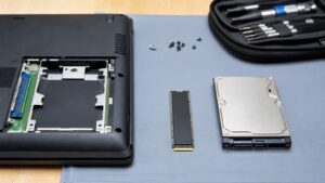 Open unbranded laptop storage bay beside a blank solid-state drive module and a blank hard-drive style device on a repair bench.