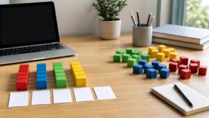 A desk with blank laptop, unmarked colored blocks, blank cards, and grouped objects representing machine learning patterns.