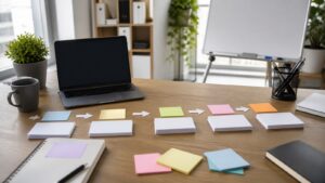 Blank laptop and blank project cards arranged as a staged machine learning workflow on an office desk.