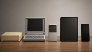 A clean tabletop sequence of unmarked devices evolving from older hardware to blank modern screens.