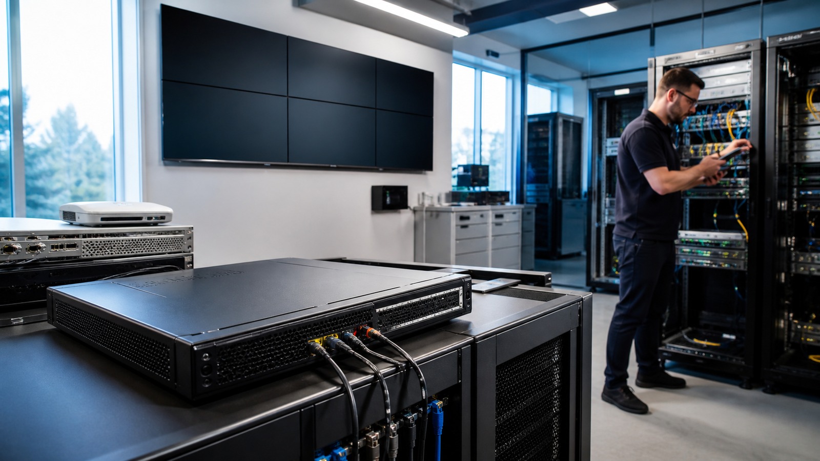 Modern hybrid infrastructure lab with edge server cabinets, blank monitoring wall, and a technician working near network equipment.