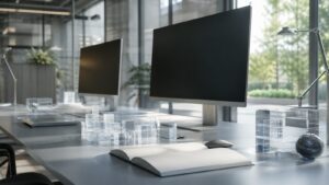 A contemporary research workspace with blank monitors, clear model blocks, and blank notebook pages.
