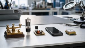 Generic invention prototypes arranged on a modern lab bench, including a brass switch, vacuum tube, blank phone, and electronics modules.