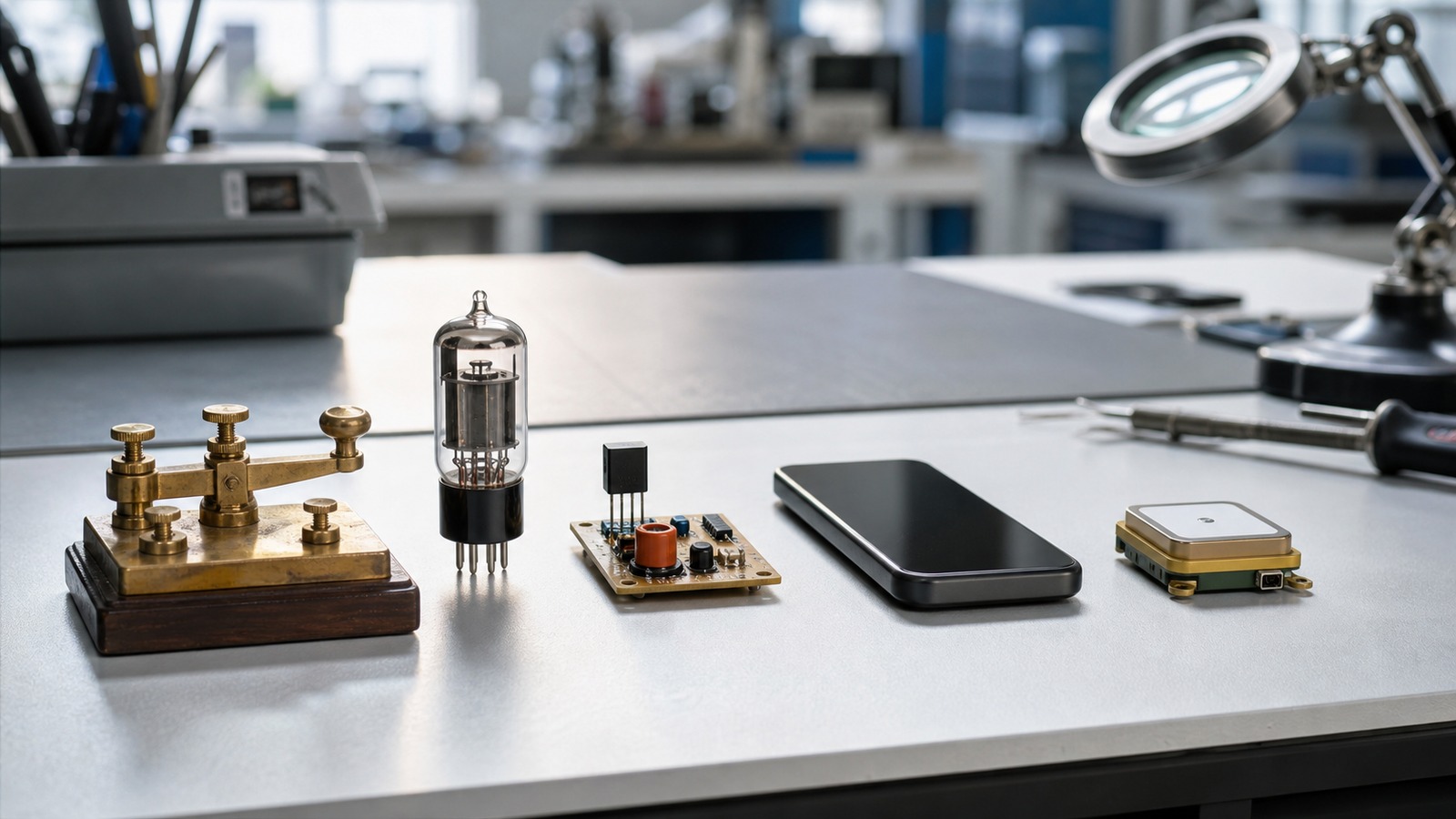 Generic invention prototypes arranged on a modern lab bench, including a brass switch, vacuum tube, blank phone, and electronics modules.