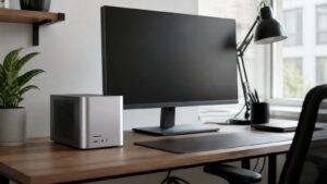 A compact unbranded desktop computer beside a blank monitor on a small modern desk.
