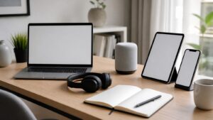 A modern desk with blank devices, smart speaker shape, headphones, and notebook suggesting daily AI assistance.