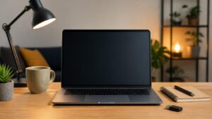 Unbranded laptop with blank screen on a warm home desk beside a USB drive, notebook, coffee mug, plant, and desk lamp.